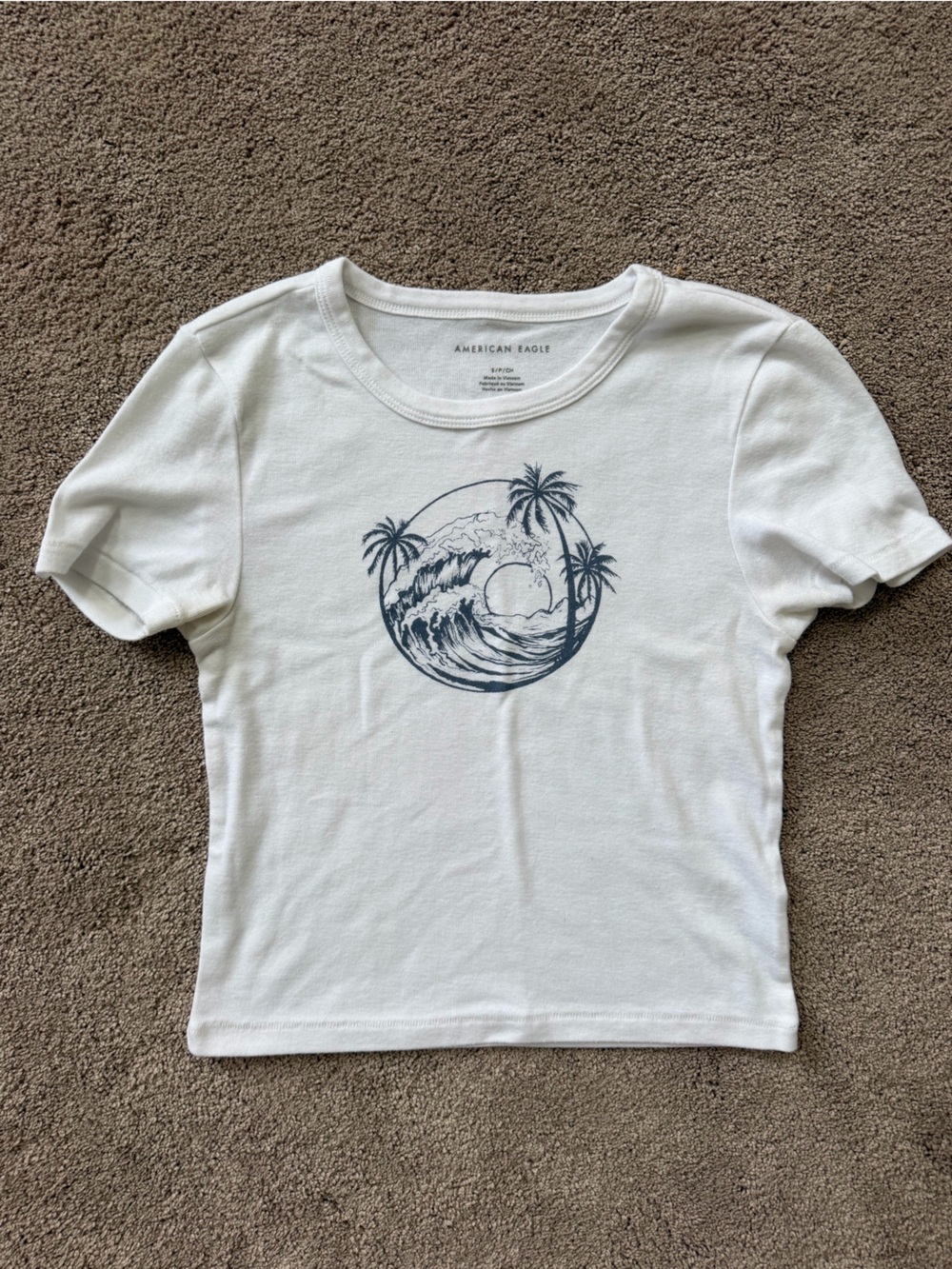 American Eagle Outfitters White Crewneck Fitted Tee with Subtle Logo Print